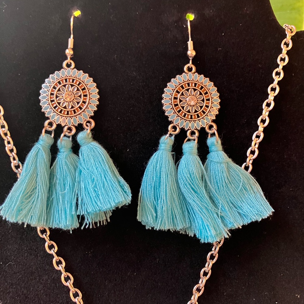 Turquoise Blue Tassel Earrings with Rose Gold Filigree